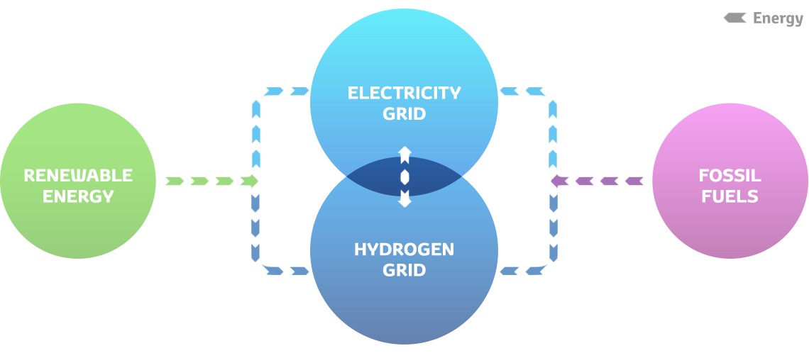 Infografic care arata modul prin care hidrogenul poate fi produs din diferite surse de energie primare